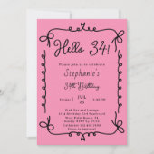 Retro Roze & Zwart Handgeschreven 34ste Verjaardag Kaart (Voorkant)