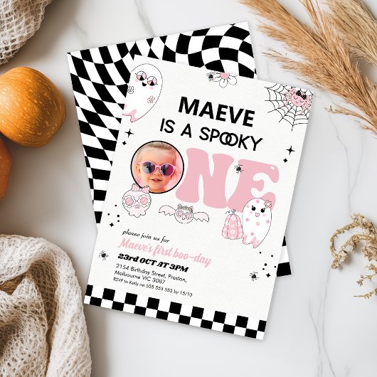 Retro Roze Zwart Spooky Een 1e Verjaardag Kaart