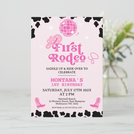 Retro Roze Zwarte Disco Eerste Rodeo 1e verjaardag Kaart (Staand voorkant)