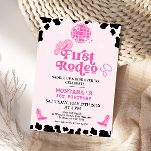 Retro Roze Zwarte Disco Eerste Rodeo 1e verjaardag Kaart