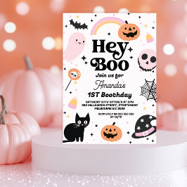 Retro Roze Zwarte Halloween Hey Boo 1e Verjaardag Kaart