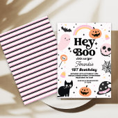 Retro Roze Zwarte Halloween Hey Boo 1e Verjaardag Kaart