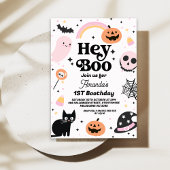 Retro Roze Zwarte Halloween Hey Boo 1e Verjaardag Kaart