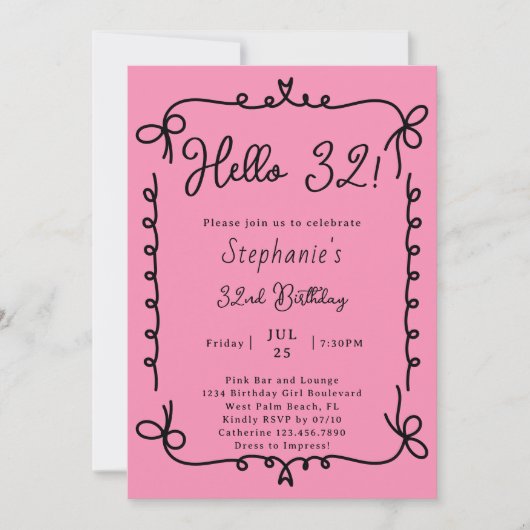 Retro Roze & Zwarte Handgeschreven 32e Verjaardags Kaart (Voorkant)