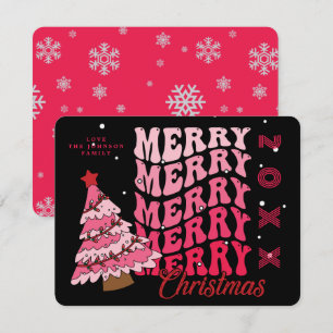 Retro Roze & Zwarte Typografie Merry Kerstboom Feestdagenkaart