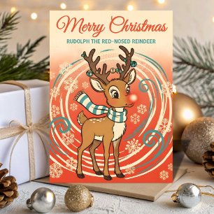 Retro Rudolph in een sneeuwstorm Kerstmis Feestdagen Kaart