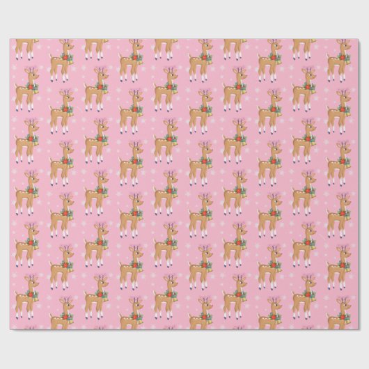 Retro Rudolph Reindeer in Roze Cadeaupapier (Vlak)