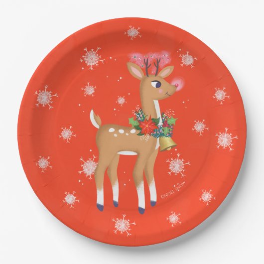 Retro Rudolph Reindeer Red Papieren Bordje (Voorkant)