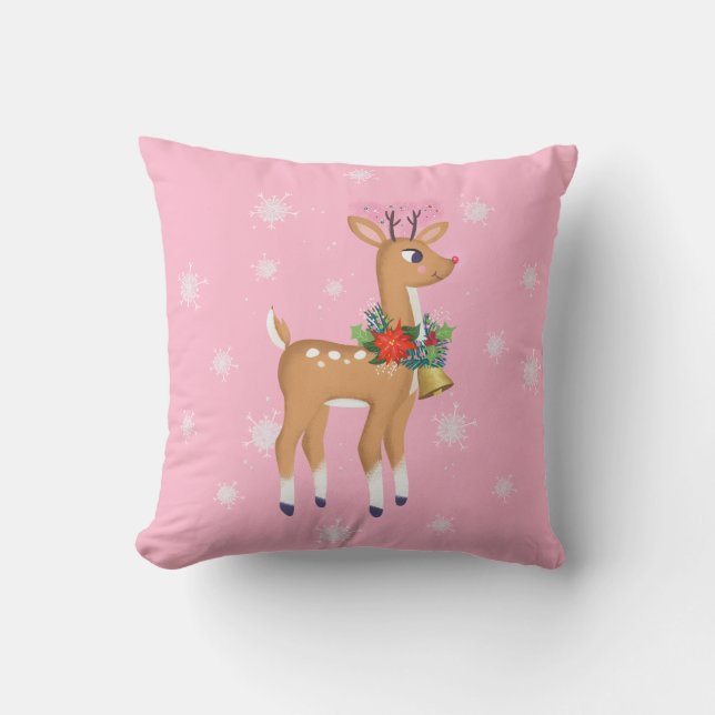 Retro Rudolph Reindeer Roze Sierkussen (Voorkant)