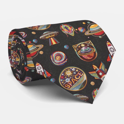 Retro ruimte- en UFO-patroon voor Sci-Fi-fans Stropdas (Opgerold)