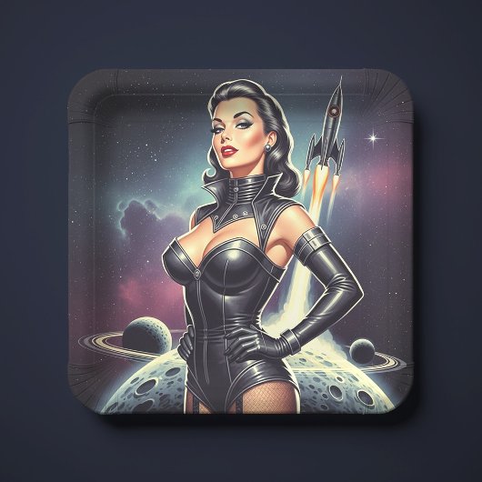 Retro ruimte pin-up papieren bordje