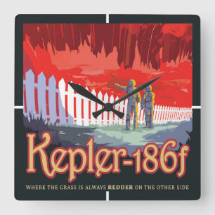 Retro ruimte Poster van Kepler-186f. Vierkante Klok