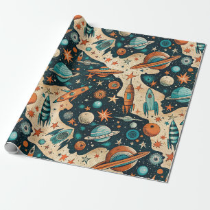 Retro Ruimteraket Planeten Oranje Teal Babykamer Cadeaupapier