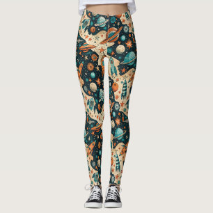 Retro Ruimteraket Planeten Oranje Teal Kinderkamer Leggings