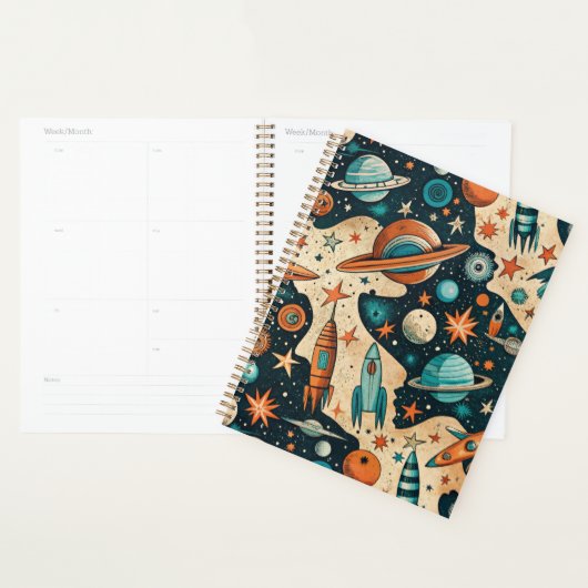 Retro Ruimteraket Planeten Oranje Teal Kinderkamer Planner (Display)