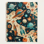 Retro Ruimteraket Planeten Oranje Teal Kinderkamer Planner (Voorkant)