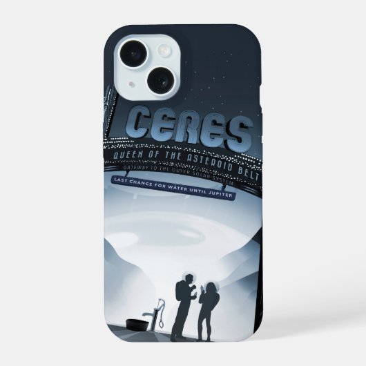 Retro-ruimtereisposter-Dwergplaneet Ceres. iPhone 15 Case (Achterkant)