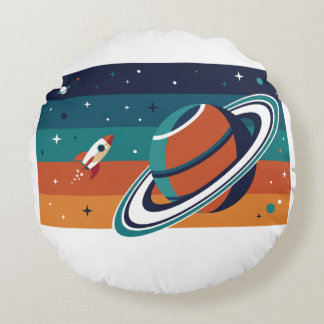 Retro-ruimtereisposter met geringde planeet rond kussen