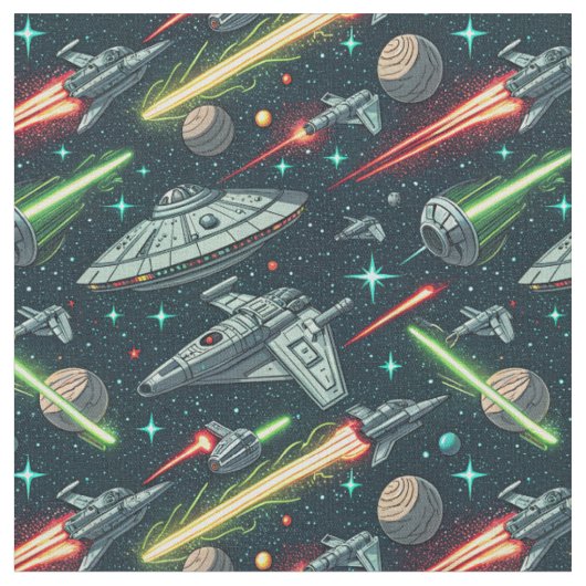 Retro Ruimteslag Sci-Fi Ruimteschip Comic Pattern Stof (Close Up)