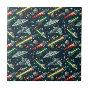 Retro Ruimteslag Sci-Fi Ruimteschip Comic Pattern Tegeltje