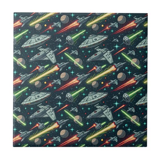 Retro Ruimteslag Sci-Fi Ruimteschip Comic Pattern Tegeltje (Voorkant)