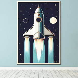 Retro Ruimtevaart Tijdperk 50s Raket Schip Canvas Afdruk