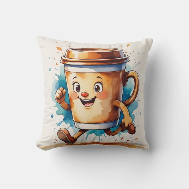 Retro Running Coffee Cup Kussen (Voorkant)