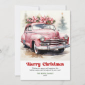 Retro rustic Christmas scene pink car greeting Feestdagenkaart (Voorkant)