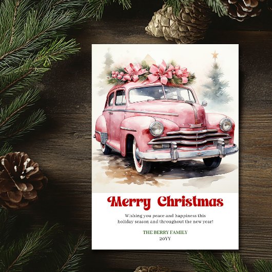 Retro rustic Christmas scene pink car greeting Feestdagenkaart