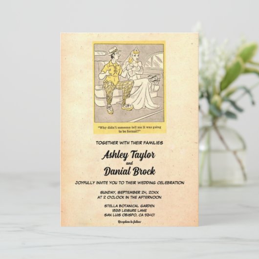  Retro Rustic Funny Couple Comic Wedding Kaart (Staand voorkant)