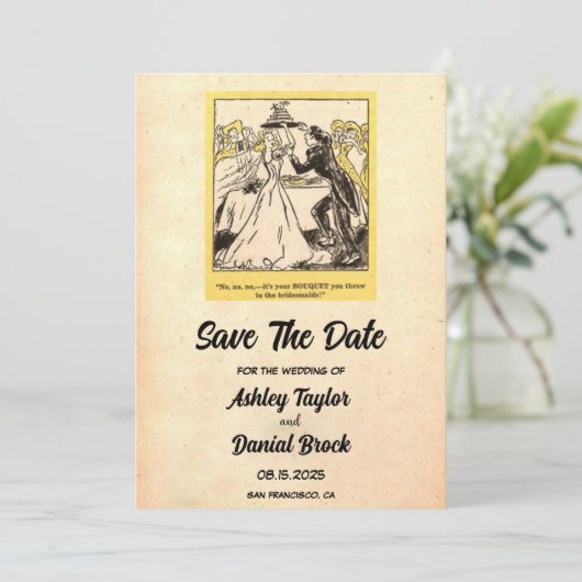 Retro Rustic Funny Wedding Save the Date Kaart (Staand voorkant)