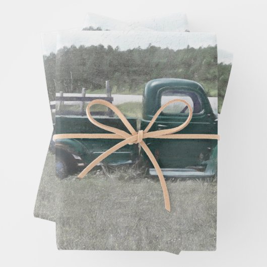  Retro Rustic Green Country Boerderij Truck Inpakpapier Vel (In situ)