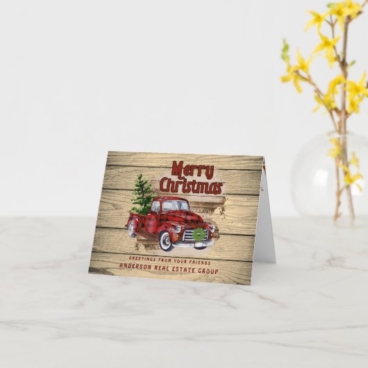 Retro Rustic Kerstmis Red Truck Corporate Holiday Kaart (Gele Bloem)