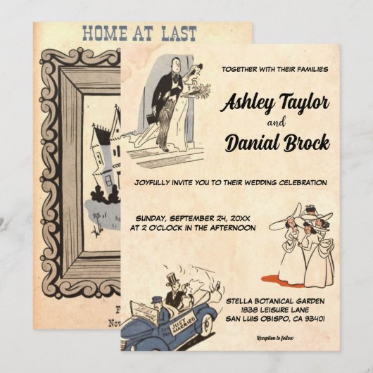  Retro Rustic Old Romantic Comic Wedding Kaart (Voorkant / Achterkant)