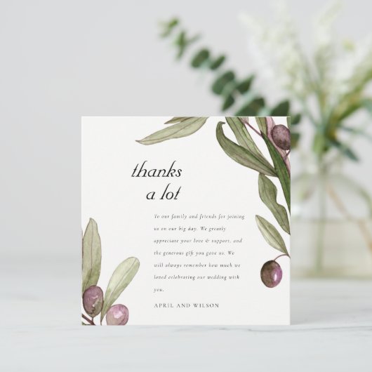 RETRO RUSTIC OLIVE WATERVERF FOLIAGE WEDDING BEDANKKAART (Staand voorkant)