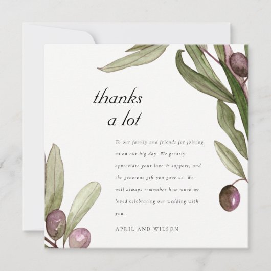 RETRO RUSTIC OLIVE WATERVERF FOLIAGE WEDDING BEDANKKAART (Voorkant)