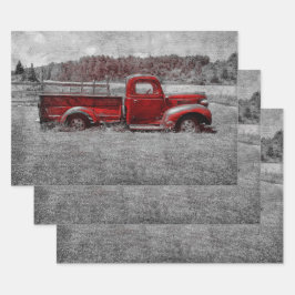  Retro Rustic Red Grey Boerderij Truck Inpakpapier Vel