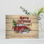 Retro Rustic Red Truck met kerstfeestjes Feestdagenkaart (Staand voorkant)