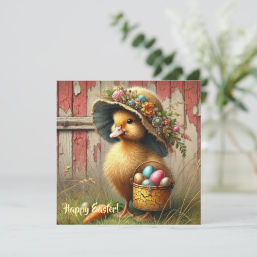 Retro rustieke Easer eend met eieren boerderij Feestdagenkaart (Staand voorkant)