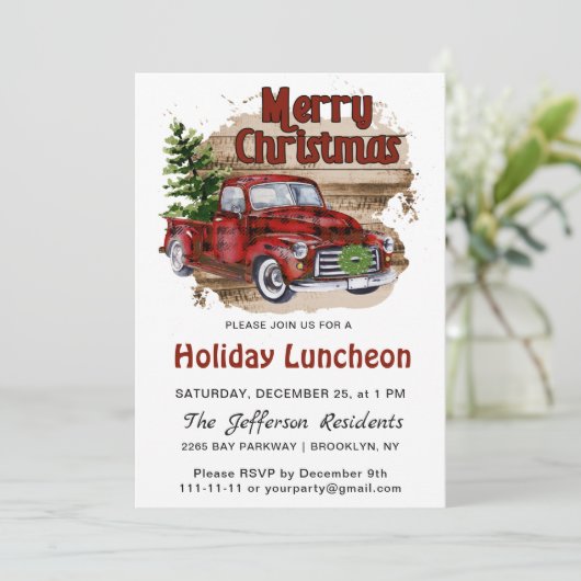 Retro Rustieke Kerst Rode Vrachtwagen Vakantie Lun Kaart (Staand voorkant)