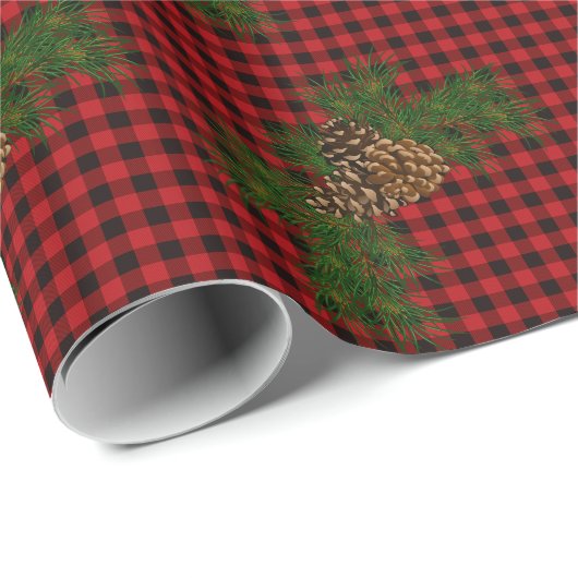 Retro rustieke rode zwarte buffalo plaid dennenapp cadeaupapier (Rol Hoek)