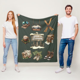  retro rustieke skiën paar buitenshuis groen fleece deken