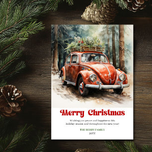 Retro rustische kerstscene rode auto groet feestdagenkaart