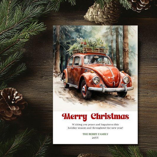 Retro rustische kerstscene rode auto groet feestdagenkaart