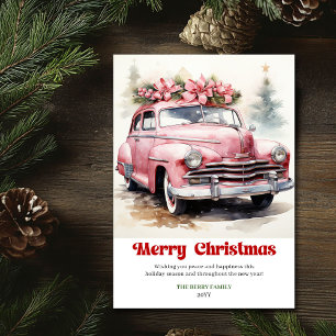 Retro rustische kerstscene roze auto wenskaart feestdagenkaart