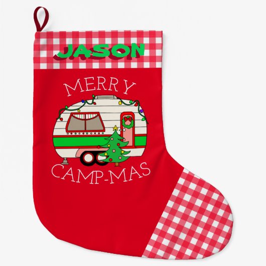 Retro RV Camper | Camping thema gepersonaliseerd Grote Kerstsok (Voorkant)