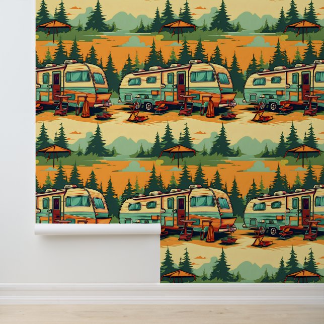 Retro RV Campers Genesteld In Pine Trees Behang (Applicatie)