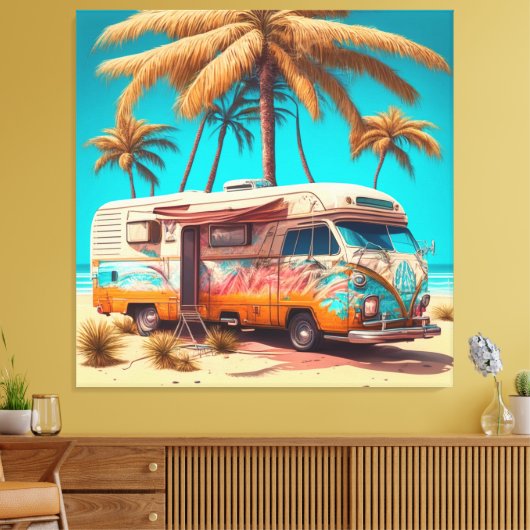 Retro RV en palmbomen Canvas Afdruk (Insitu (Woonkamer))