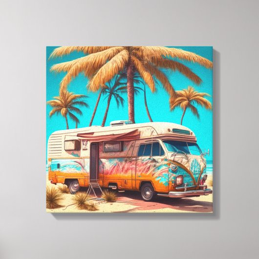 Retro RV en palmbomen Canvas Afdruk (Voorkant)