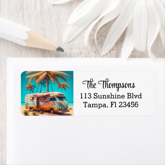 Retro RV en palmbomen Etiket (Insitu)